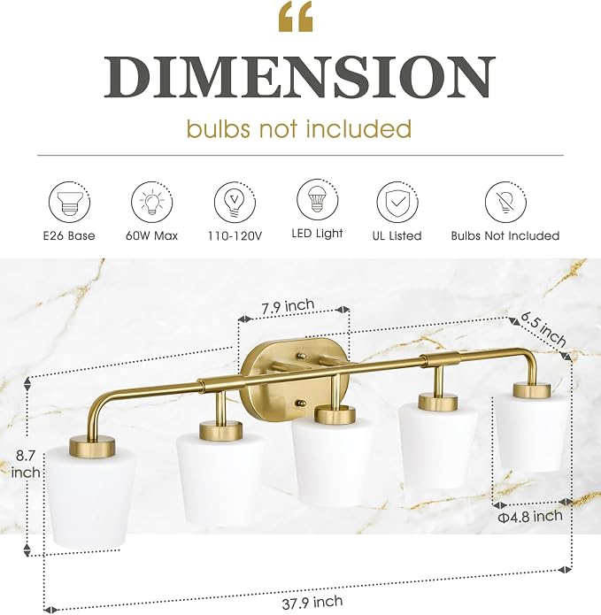 Bathroom Light Fixtures Over Mirror, 5-Light Brushed Gold Vanity Lighting Fixtures with Milk White Glass, 38inch Farmhouse Champagne Bronze Wall Sconces Lighting, AD-22004-5W-GD