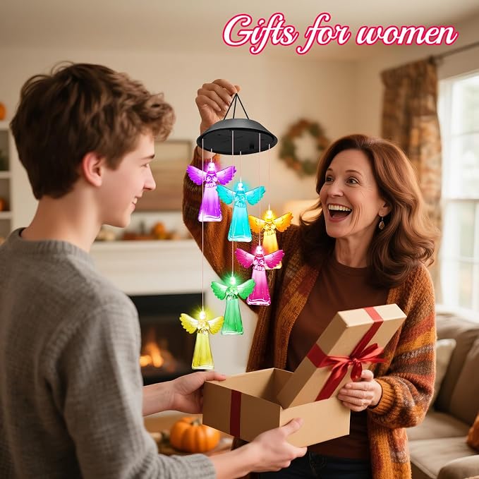 Winzwon Angel Solar Wind Chimes for Outside, Memorial Garden Decorations | Christian Gifts for Women, Mom, Grandma, Sister, Memorial Gifts for Loss of Loved One, Solar Lights Outdoor Yard Decor