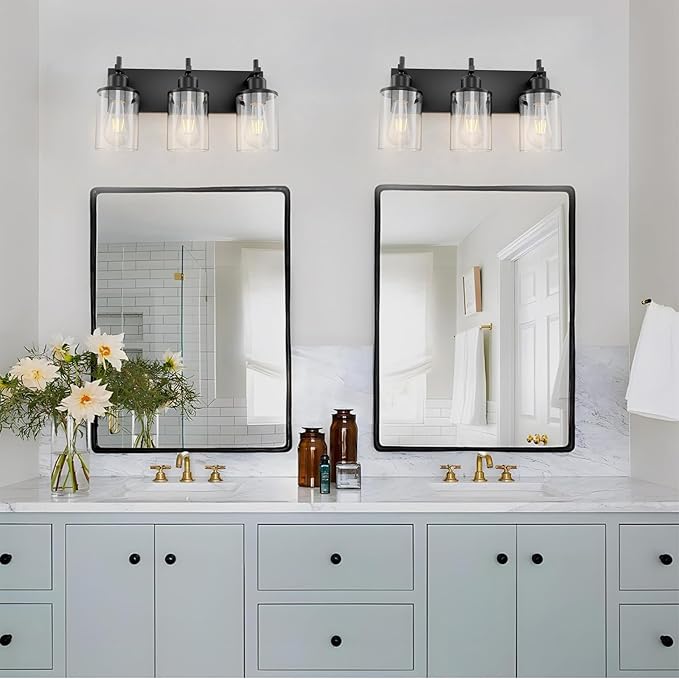 3-Light Black Bathroom Light Fixture Over Mirror Modern Farmhouse Bathroom Vanity Light Vintage Wall Lighting with Clear Glass Shade for Bathroom, Bedroom, Hallway, Cabinet