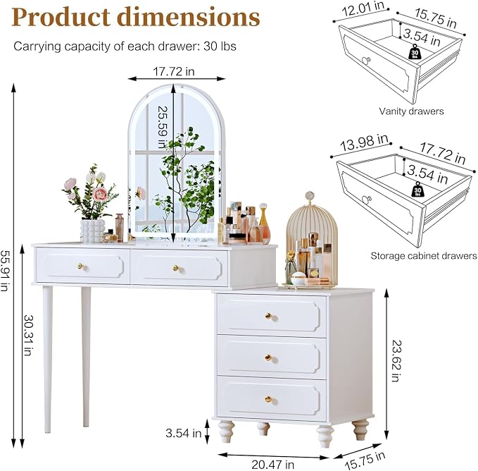 Ieejdn White,Vanity Desk with Mirror and Lights,Makeup Vanity with Power Outlet and Adjustable Cabinet,Modern Makeup Table with 3 Drawers for Bedroom Makeup Room