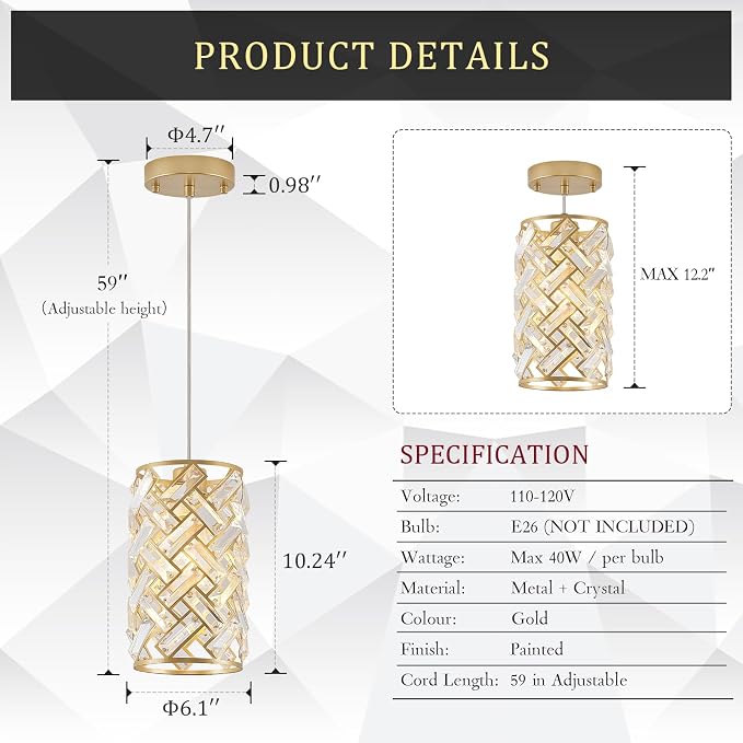 CATINER Modern Crystal Pendant Light Fixture 3-Pack Gold Finish Hanging Lighting Crystal Chandelier for Kitchen Island