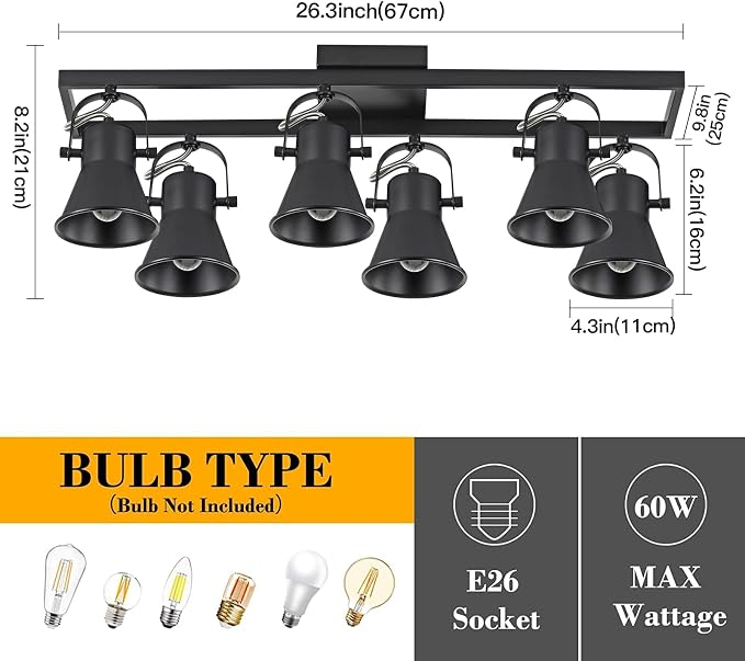 KEESFU Modern Kitchen Track Lighting Fixtures Ceiling,Black 6 Light Track Lighting with Rotatable Light Heads,Industrial Ceiling Spotlight for Kitchen Living Room Laundry Entrance.