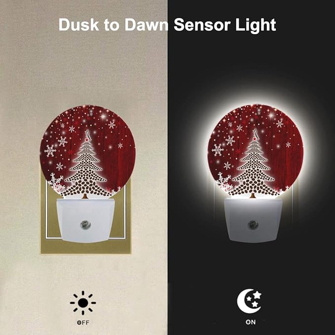 EKOBLA Farmhouse Red Christmas Night Light Sparkling Snowflakes & Trees Plug-in Nightlights for Holiday Season Decoration