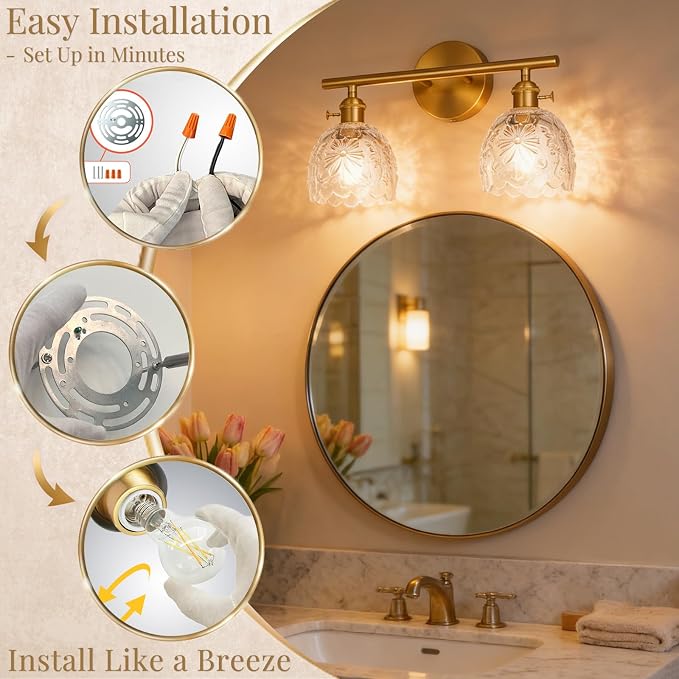 Hamilyeah 2-Light Bathroom Vanity Light Over Mirror, Brushed Gold Wall Sconce with Clear Floral Glass Shades, Modern Bathroom Light Fixture for Bedroom, Hallway, Kitchen