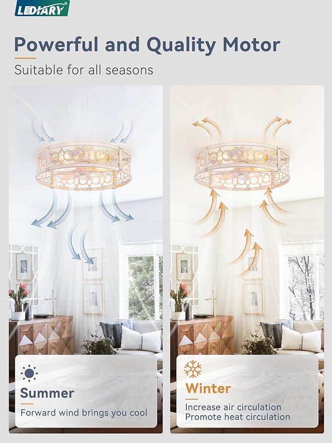 LEDIARY Caged Ceiling Fan with Light and Remote, 20in Small Low Profile Ceiling Fans with Lights, 6 Speed Farmhouse Flush Mount Ceiling Fan for Bedroom, Kitchen, Living Room-White and Gold