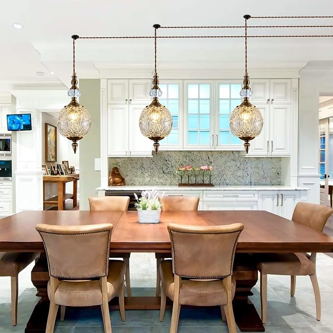 Piepooye Vintage Plug in Gold Glass Pendant Light for Kitchen Island | Antique 4.72" Mini Adjustable Hanging Ceiling Light Fixture Dining Room Bedroom Foyer Entryway