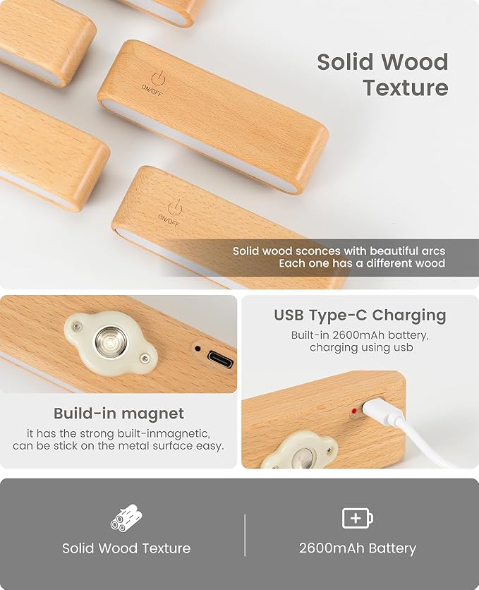 2Pack Battery Operated Wall Sconce, Wood Magnetic 360° Rotation | Bedside Reading, 360° Rotation, Stepless Dimming, 4000K Natural Light, Magnetic Installation for Bedroom Wall Lamps