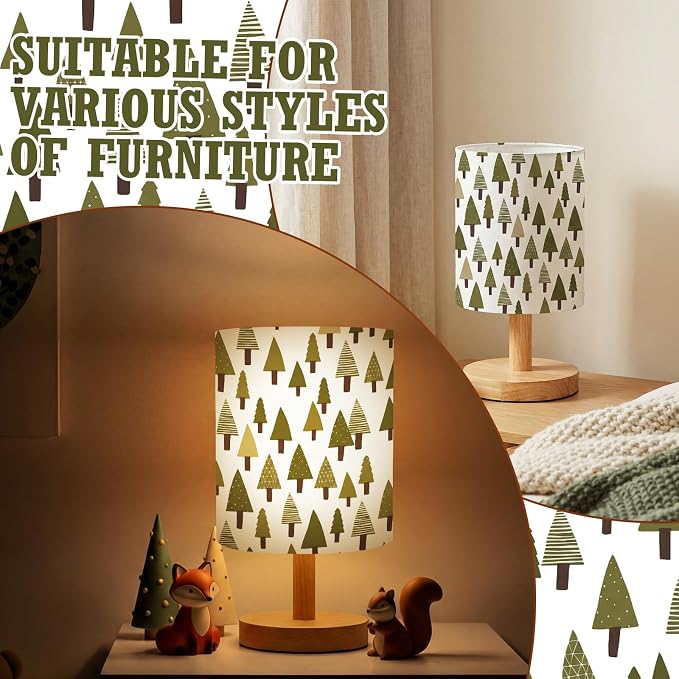Woodland Kids Table Lamp for Bedroom Kids Bedside Lamp with Linen Wooden Nightstand Cartoon Nursery Lampshade for Girls Boys Living Room