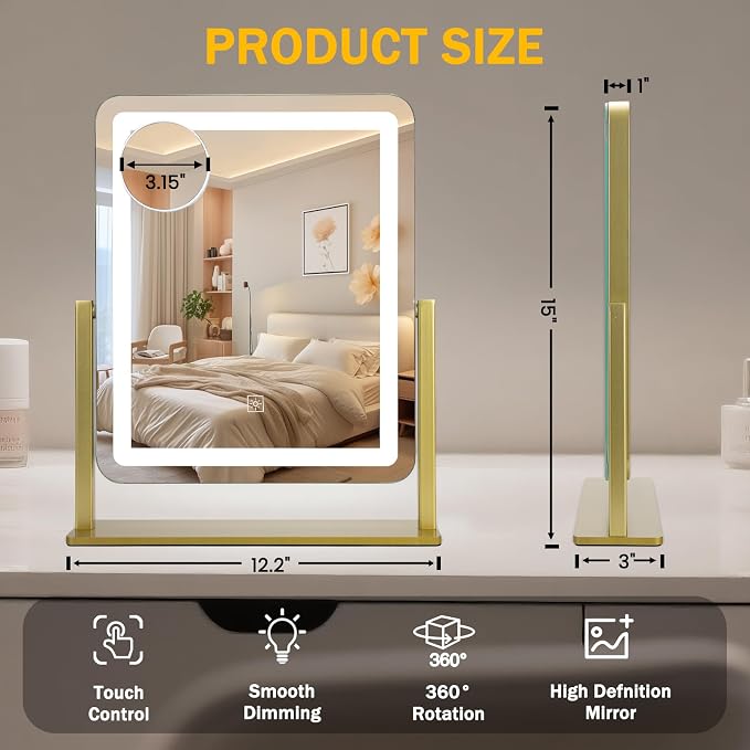 Rechargeable Vanity Mirror with Lights, 3000mAH Battery, 15"×12.2" LED Makeup Mirror, 10X Magnification, Smart Touch with 3-Color Lighting, 360° Rotation, Lighted Up for Makeup Desk, Bedroom (Gold)