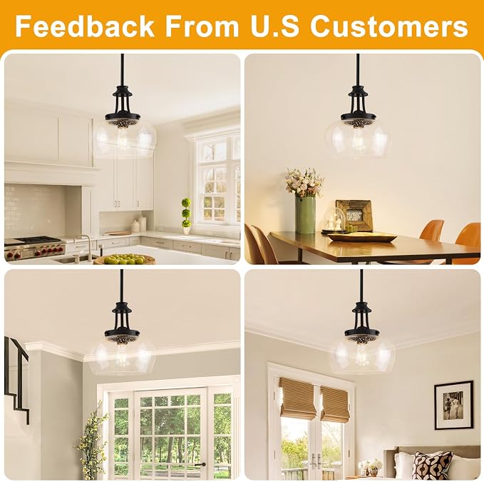 Modern Pendant Lights Kitchen Island, Matte Black Pendant Light Fixtures with 10" Clear Air Bubble Glass Shade, Industrial Hanging Pendant Lights Fixture for Kitchen Island Dining Room Entryway