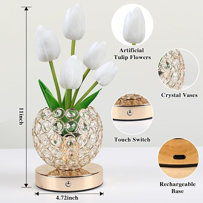 Birthday Gifts for Women Mothers Day Gifts/for Mom Tulip Table Lamp | 3 Color Crystal Flower Bedside Lamps Infinitely Dimming with USB Charge Small Night Light,Night stand Touch Lamp(White-tulip)