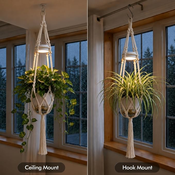 Hanging Rechargeable Plant Grow Lights for Indoor with Timer, Wireless Battery Powered Full Spectrum Pendant Growing Light with Macrame Plant Hanger, Wall/Ceiling Mounted Planta Luz for Home Decor
