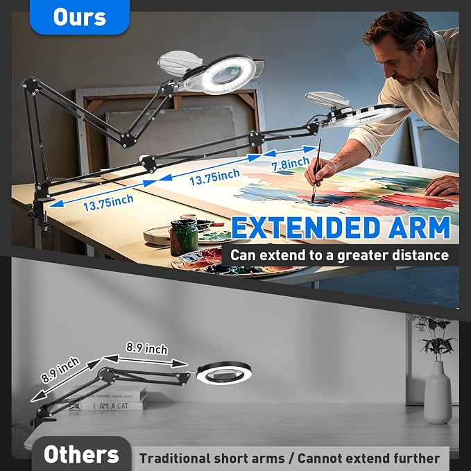 KIRKAS 12X LED Magnifying Lamp with Clamp, 2,200 Lumens Dimmable Bright | 35in Adjust Swivel Arm Magnifying Glass with Light for Repair Reading Craft Needlework Hobby Workbench Magnifier Dust Cover