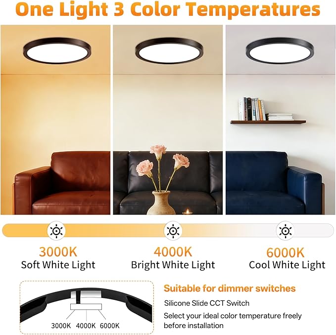 7Inch 2Pack LED Flush Mount Ceiling Light,3CCT,ETL Listed,Dimmable Black | Hardwired 3CCT Selectable 3000K-6000K,18W 1400LM Dimmable Round Flat Panel Light Fixture for Bedroom/Kitchen,Bathroom&Indoor