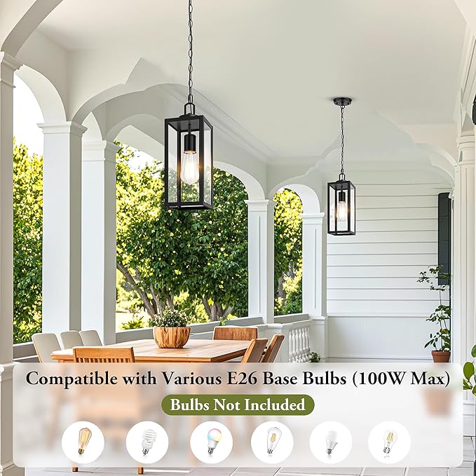 15” Large Outdoor Pendant Light, Modern Hanging Lantern, Black | Hanging Height Adjustable, Waterproof, Rust-Resistant, Durable Metal & Clear Glass, Standard E26 Sockets, Easy to Install