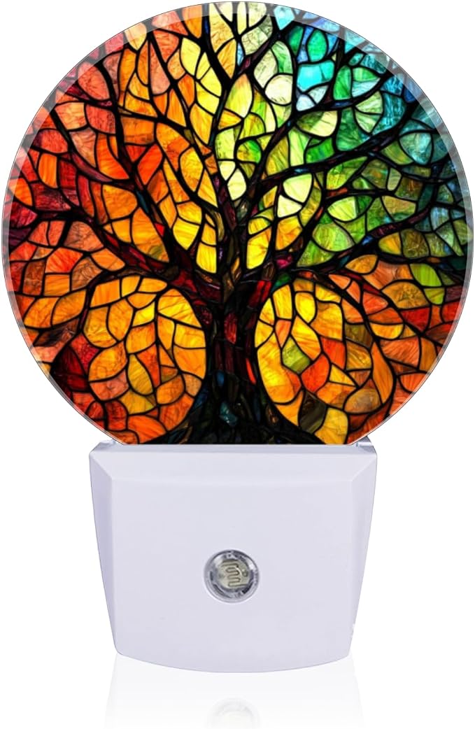 Round LED Night Lights Lamp with Dusk to Dawn Sensor, Artistic Color Panel Tree Night Light Plug Into Wall for Kids Room, Bedroom, Bathroom, Kitchen, Hallway