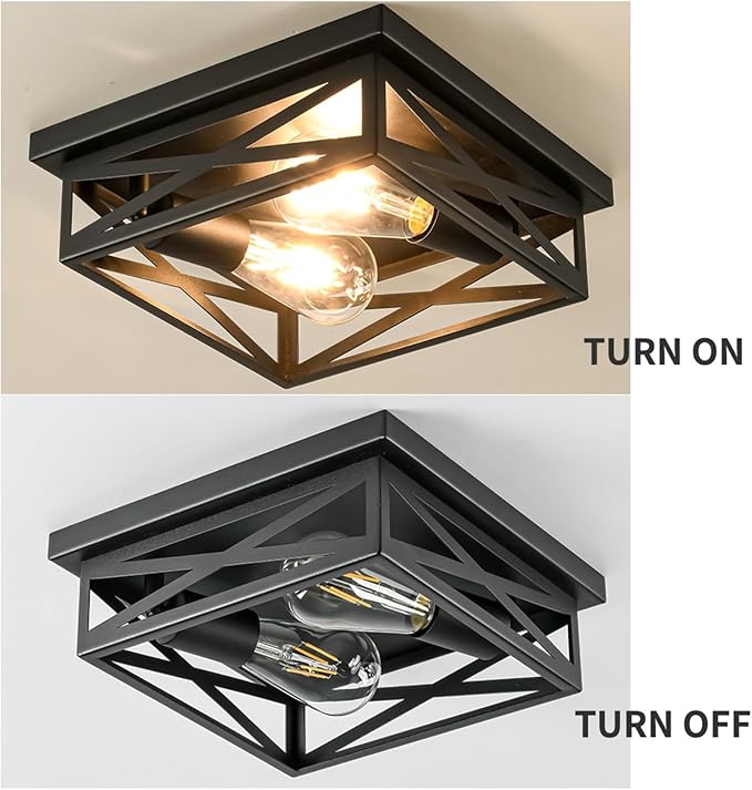 Black Flush Mount Ceiling Light Fixtures, 2-Pack Farmhouse Metal Cross Cage Semi Flush Mount Ceiling Light, 11 Inch Industrial Square Close to Ceiling Light for House Indoor Hallway Kitchen Bedroom