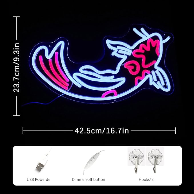 Koi Fish Neon Sign - Japanese Carp LED Neon Lights in Blue & Red, Lucky Fish Wall Decor 17"x9.5" with USB/Switch Dimmable for Bar, Restaurant, Office, Fishroom, Koi Pond