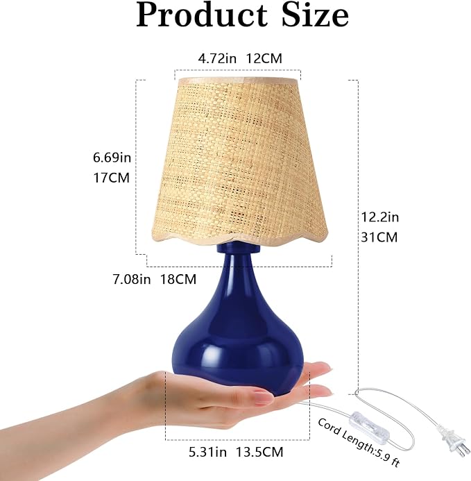 Ziqqeelam Navy Blue Small Table Lamp, Mini Bedroom Lamps for Bedside Nightstand, Rattan Shade Small Table Lamps for Small Spaces for Kitchen Counter, Bookshelf, Home Office, Living Room, Dorm