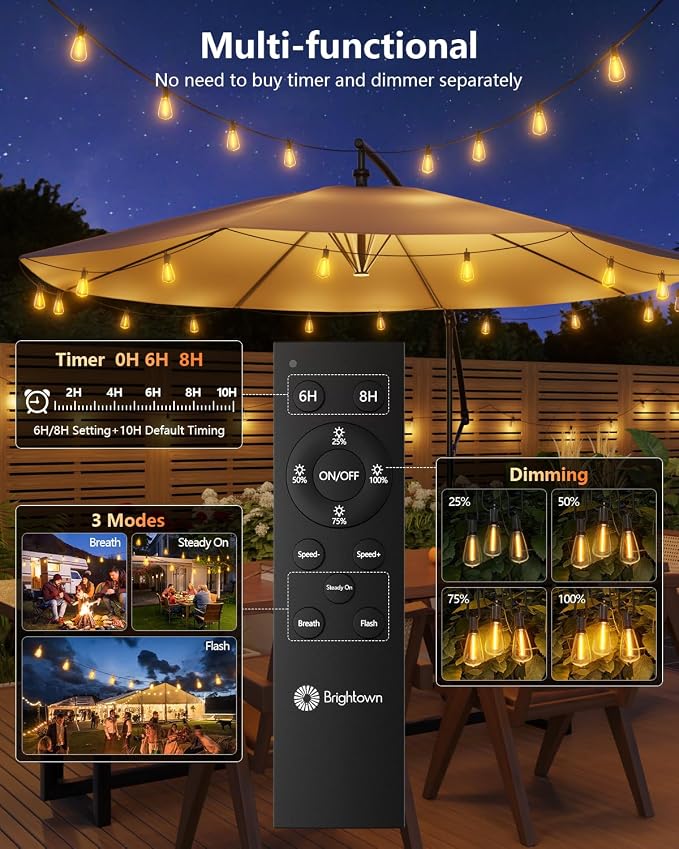 Brightown 37FT Solar String Lights Outdoor, 10+1 Shatterproof LED Lights | Waterproof, Remote Control, Dimmable, Timer, 3 Light Modes, Commercial Grade Patio Lights for Garden, Backyard, Party Decor