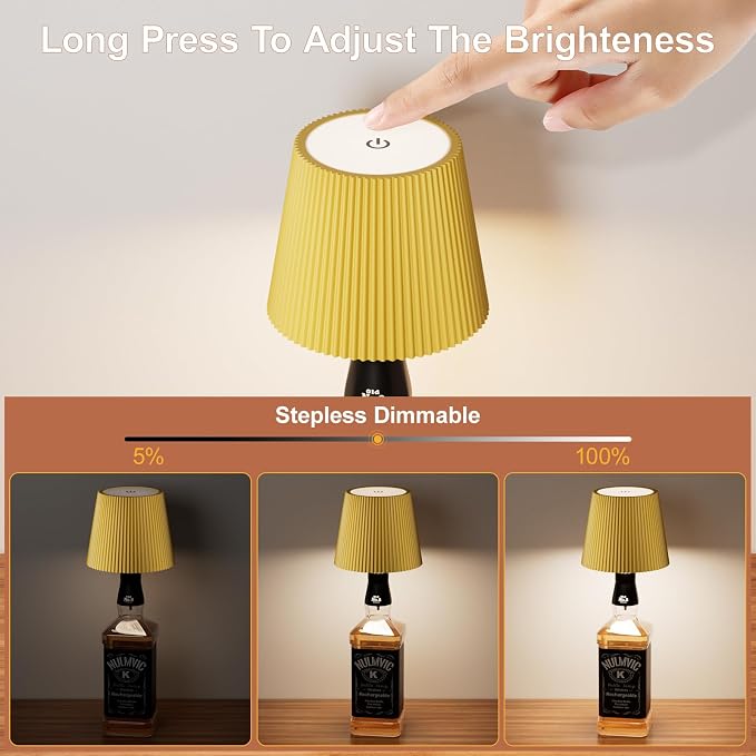 2 Pack Wine Bottle Lamps, 2026 New 3 Color Rechargeable Wireless Bottle Lamps, Bottle Light for Liquor Bottles with Touch Dimming for Parties, Restaurants & Home Decor（Yellow）