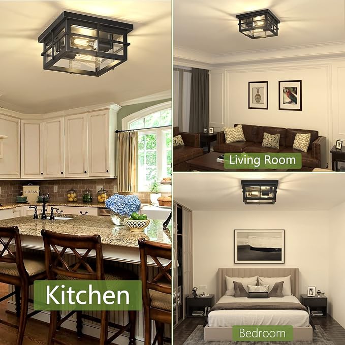 Asnxcju Modern Outdoor Ceiling Light Fixtures, 2-Light Black Flush Mount Light Fixtures with Clear Glass Shade, Farmhouse Square Ceiling Lighting for Porch Bathroom Kitchen (Bulbs Not Included)