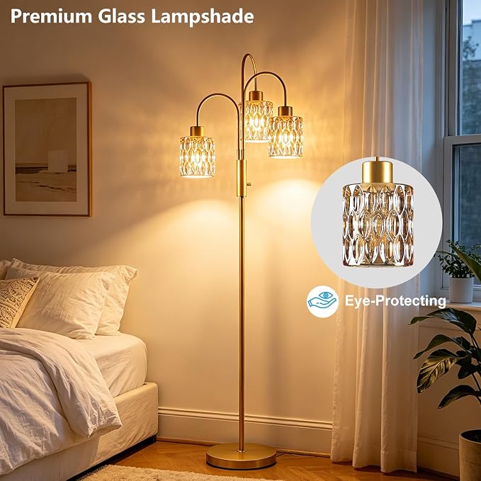 70" Glass Floor Lamp, 3-Light Gold Dimmable Standing Tall Lamp with Amber Ribbed Glass Shades &3PCS 3000K Warm White Bulbs, Modern Tree Pole Lamp for Living Room Bedroom Home Decor