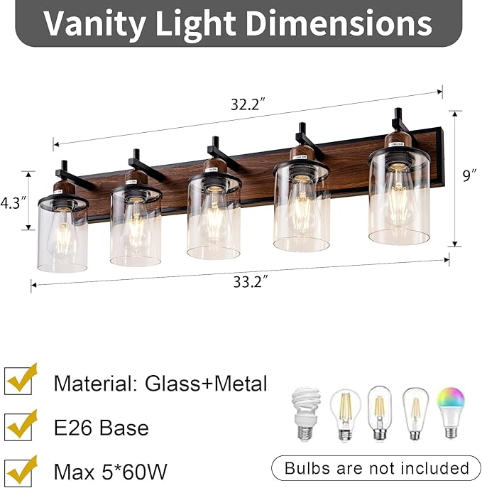5-Light Farmhouse Bathroom Light Fixtures Vintage Bathroom Vanity Lights Over Mirror Black and Wood Painted Metal Vanity Light for Bathroom with Glass Shades E26 Socket
