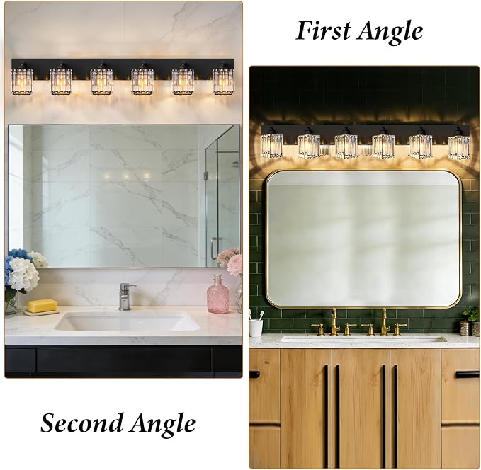 Black Crystal Bathroom Vanity Light, 6-Light Modern Bathroom Lighting Fixtures Over Mirror, Matte Black Wall Sconce Light Fixtures with Square Shade