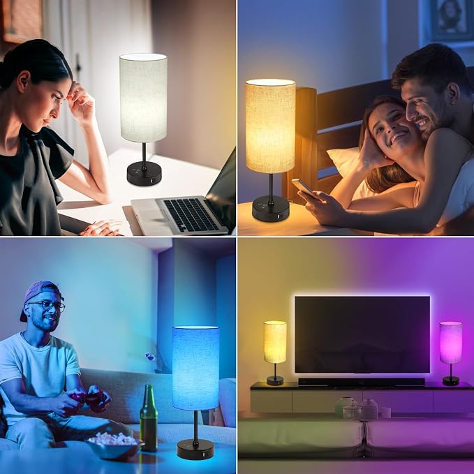 17Inch Table Lamp for Bedroom, Touch Control Bedside Lamp for Reading, 3 CCT & 7 RGB Color Changing, Dimmable Nightstand Lamp for Kids Room Living Room Office, Beige Shade