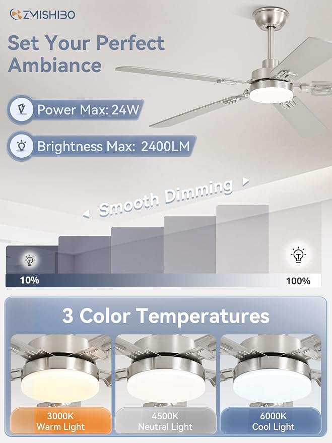 ZMISHIBO 52" Ceiling Fans with Lights and Remote, Nickel Modern for Indoor | 24W 2400LM Bright LED, 3CCT, Dimmable, App Control, Farmhouse Dual Finish Blades, Quiet&Strong Motor for Bedroom, Living Room