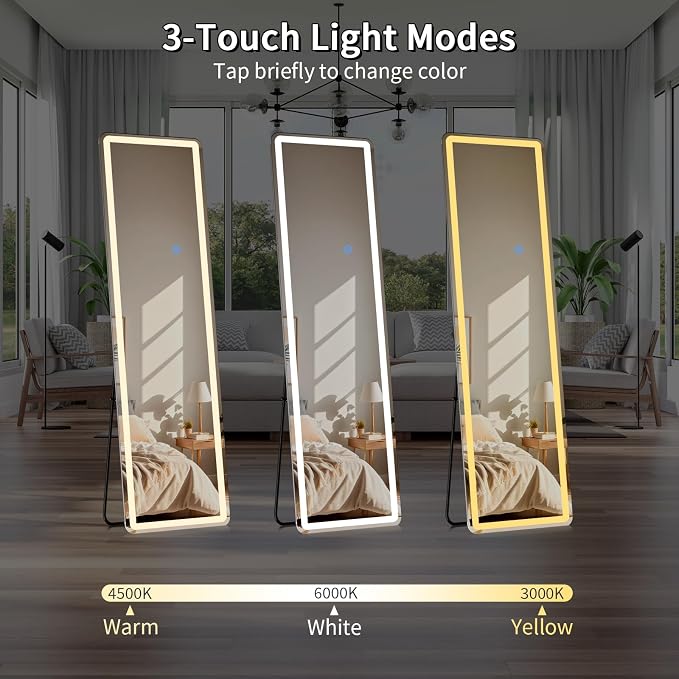 Koonmi Full Length Mirror with LED Lights, 65"x24" Lighted Mirror with Dimming & 3 Color Lighting, Big Mirror for Bedroom, Dressing Room, Rectangle,White