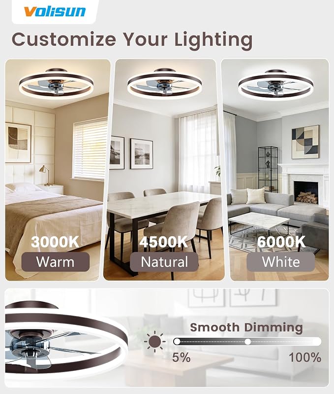 VOLISUN Low Profile Ceiling Fans with Lights and Remote, 20in Flush Mount Ceiling Fans with Light, 3000K-6500K Dimmable Fandelier LED Fan Light, Brown Bladeless Ceiling Fans with Lights for Bedroom