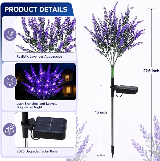Geegoods Lavender Solar Garden Lights, 2 Pack Outdoor LED Flowers | 2 purple lavender solar flowers with LEDs; auto on/off, IP65 waterproof stakes for pathway, yard, patio and Halloween decor