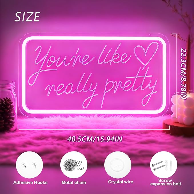 You're Like Really Pretty Neon Sign Pink LED Neon Light for Wall Decor | Dimmable Pink Pretty Neon Sign for Teen Girls Women Beauty Lovers Bedroom Vanity Wedding Party Salon Home Decor, USB Powered