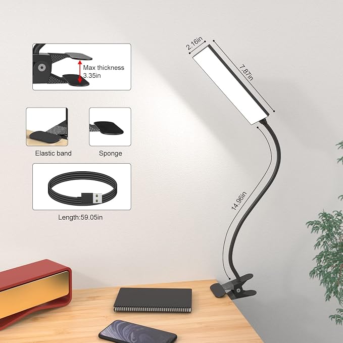 LED Desk Lamp, 5W USB Clip on Light Eye-Caring Reading Clamp Table Lamp with 48 LEDs Flexible Neck, 3 Color Modes and 14 Brightness Levels for Office Bedroom Study (Black)