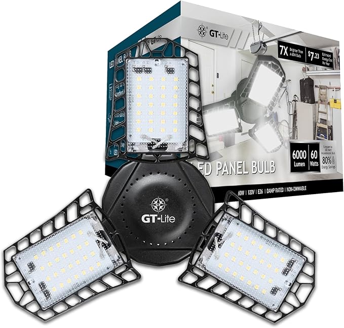 GT-Lite LED Garage Bulb, 60W (300W Equivalent), 6,000 Lumen, Daylight 5000K, E26 Base Energy Saving LED Light for Indoors Garage Workshop Warehouse