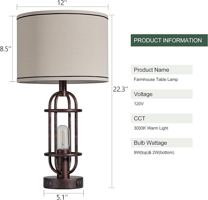Reaketon 22.3" Table Lamps for Living Room Set of 2, Farmhouse Lamps for Nightstand, Vintage Table Lamps for Bedroom with USB Ports, Bulbs Included