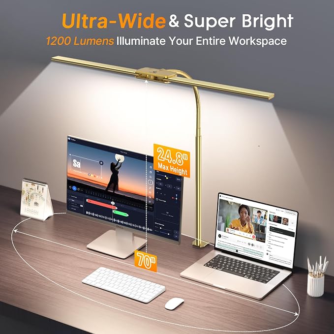 Syrinx LED Desk Lamp for Office Home, Dual Head Eye-Care Architect Lamp | Gesture/Wired Control, Flexible Neck, Bright Desk Light with Memory/Timer, 50 Lighting Modes for Study, Drafting, Gold