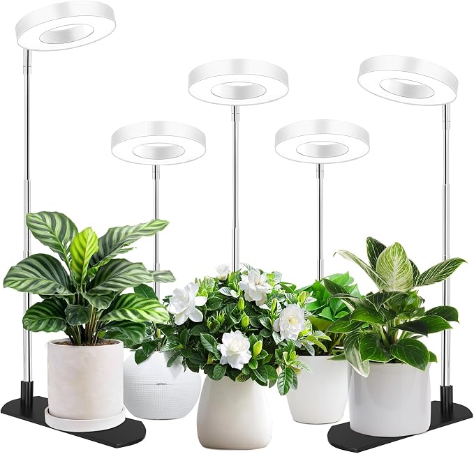 LBW Grow Lights for Indoor Plants, Full Spectrum Halo Grow Light with Base | 48 LEDs Plant Lamp for Small Plant, Base/Soil Stake, 7.8-26" Adjustable, 6/8/12/16H Timer, 3 Color Mode, 5 Brightness, 5 pack