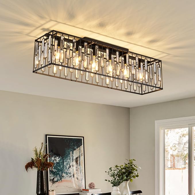 Garwarm 6-Light Crystal Flush Mount Ceiling Light, 38.7" Black Rectangle | Crystal Modern Chandelier Rectangular Dining Room Light Fixture for Low Ceiling, Kitchen Island, Living Room, Foyer, Entryway