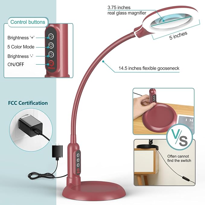 10X Magnifying Glass with Light and Clamp, 5 Color Modes Stepless Dimmable Lighted Magnifier with Stand, Flexible Gooseneck LED Desk Lamp Hands Free for Craft Painting Hobby Close Work - Red