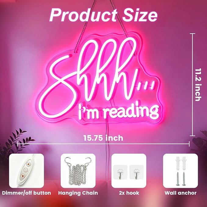 Shhh I'm Reading Neon Sign for Wall Decor, Dimmable Reading LED Light, USB Powered Neon Sign for Classroom Library Study room, Gifts for Students Friends