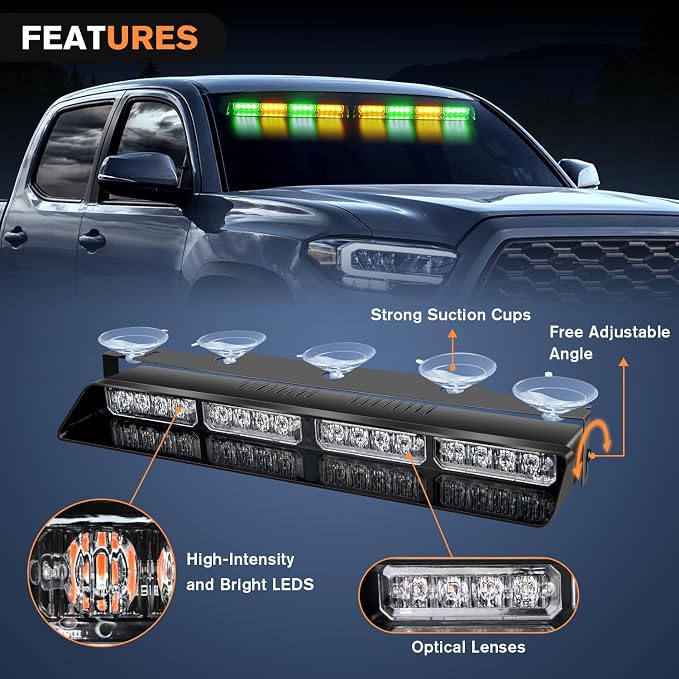 Nilight 32LED Amber Green Emergency Dash Strobe Lights with Controller | Suction Cups Warning Hazard Interior Front/Rear Windshield Deck Split Light Bar for Trucks Construction Vehicles