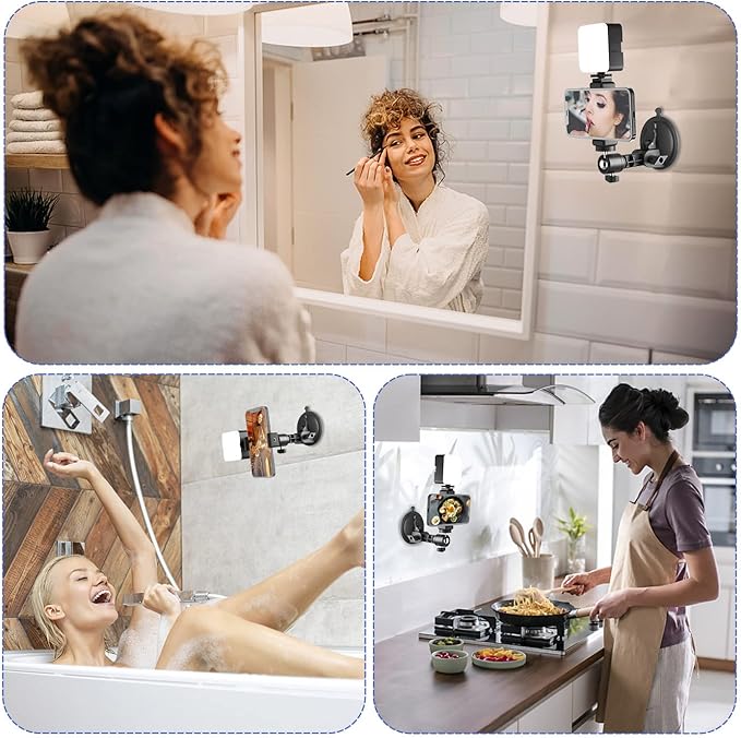 Suction Cup Mirror Phone Holder with Light, Travel Wall Phone Camera Mount for Makeup Content Creator Essentials, Mirror Tripod for Bathroom Kitchen Compatile with All Smooth Surface