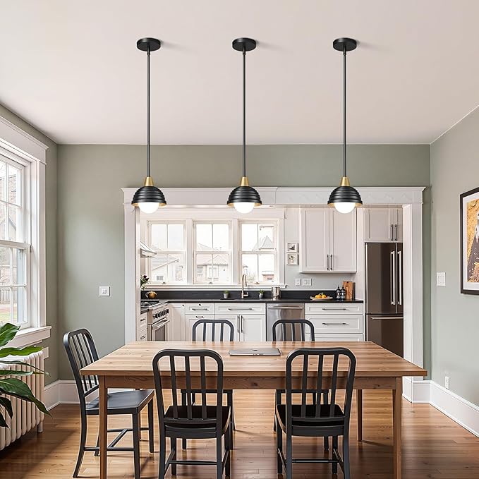 Industrial Kitchen Pendant Light Fixtures: 3 Pack 6 Inch Metal Modern Chandelier - Adjustable Farmhouse Black & Gold Pendant Lighting for Kitchen Island Hallway