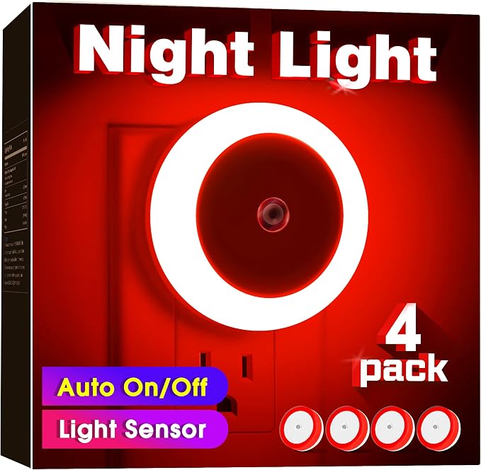 Night Lights Plug into Wall Red Night Light Dusk to Dawn Sensor | 4 Pack 60 Lumens, 0.6W, ABS Plastic, Perfect for Bedroom, Hallway, Bathroom, Kitchen, Stairway, Nursery
