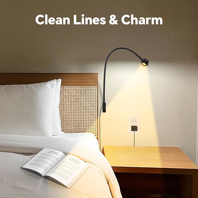 Wall/Headboard Mounted Reading Light, Minimalist Bedside LED Reading Lamp, CRI 95+ Dimmable Book Light, Dual Switches (Brightness & 3 Color Temp), 300° Rotatable Head, USB-C Powered