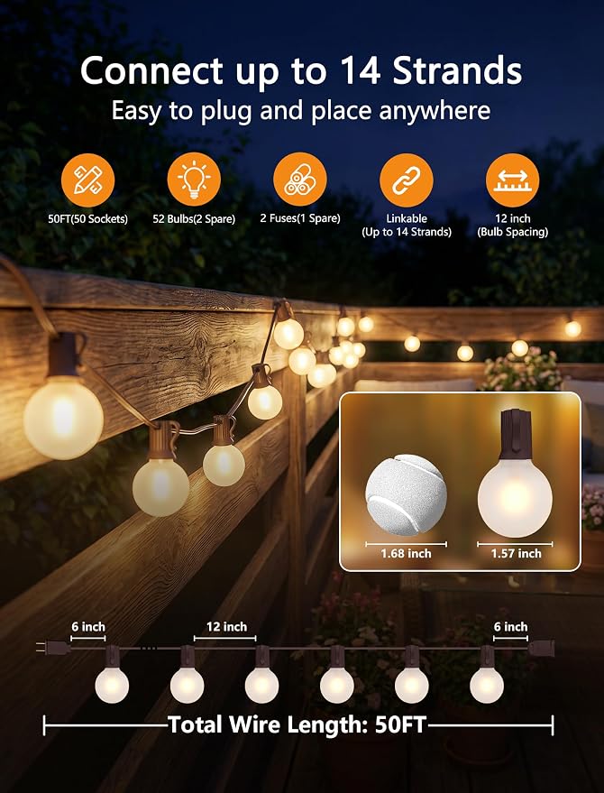 SUNSGNE 50FT Brown Outdoor Edison String Lights, Waterproof Shatterproof LED Globe String Lights with 50 G40 LED Frosted White Bulbs for Backyard Patio Porch Balcony Party Decor, E12 Base