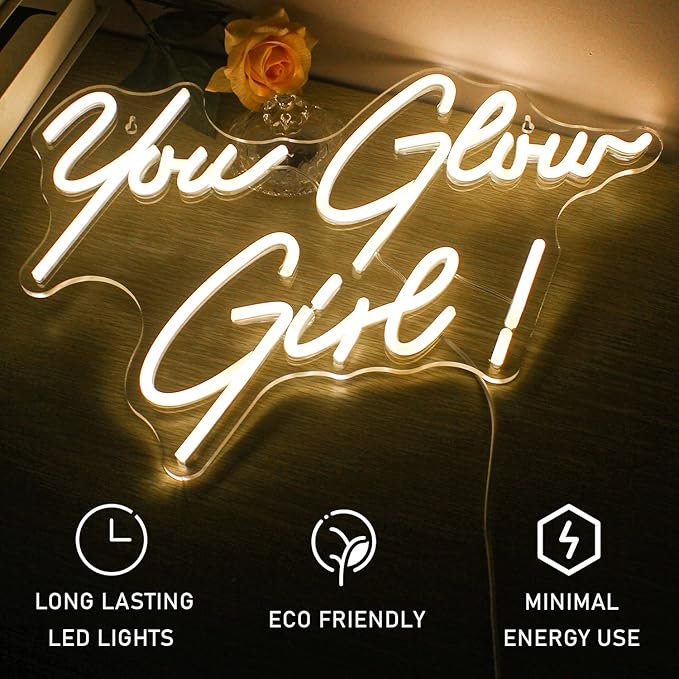 You Glow Girl Neon Sign Led Warm White Word Neon Light Up Signs for Wall Decor Usb Letter Neon Lights for Bedroom Home Wedding Birthday Party Girls Gifts